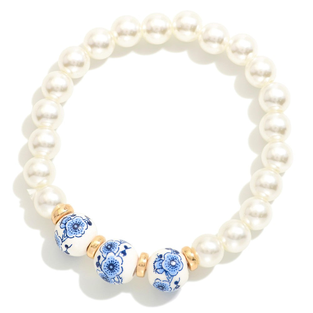 Pearl Beaded Stretch Bracelet Featuring Chinoiserie Bead Details