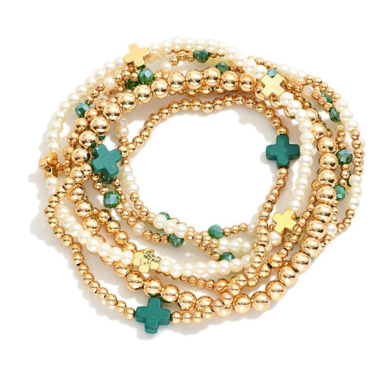 SET OF SEVEN GOLD TONE BEADED BRACELETS - GREEN