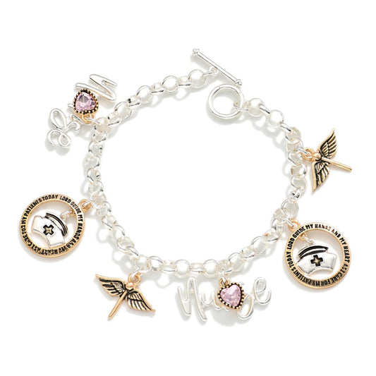 SILVER CHARM BRACELET WITH NURSE CHARMS