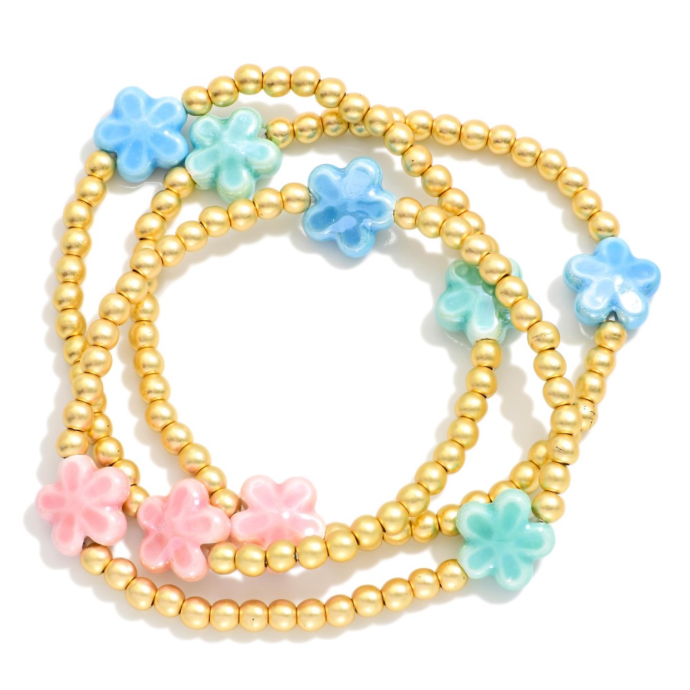 GOLD BRACELT SET OF 3 WITH MULTI COLOR FLOWERS