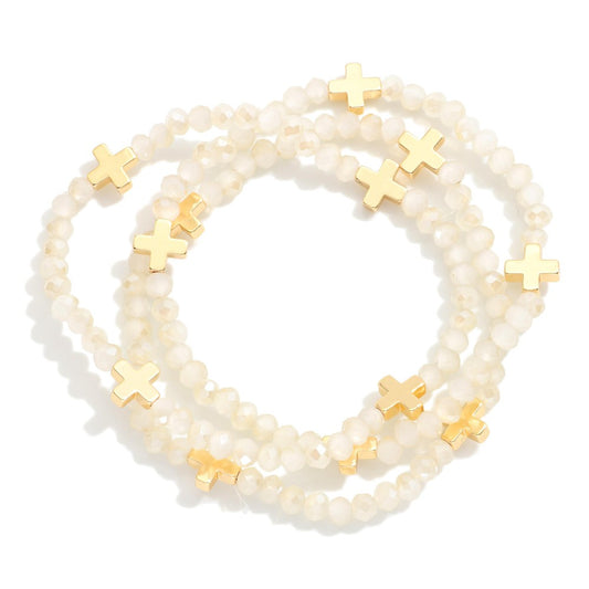SET OF 3 IVORY BEADED WITH CROSS BRACELETS