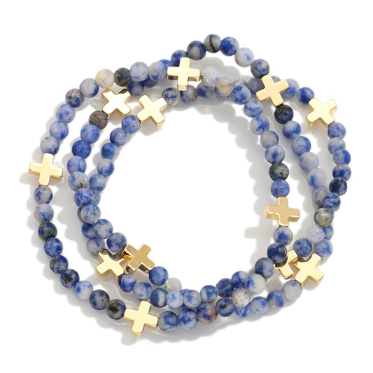SET OF 3 BLUE BEADED BRACELET WITH GOLD CROSS