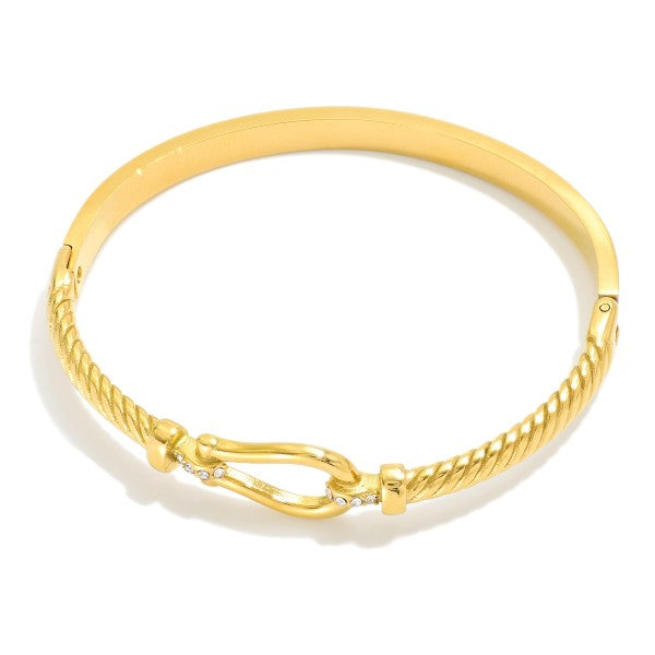 Ribbed Metal Hinged Bangle Bracelet