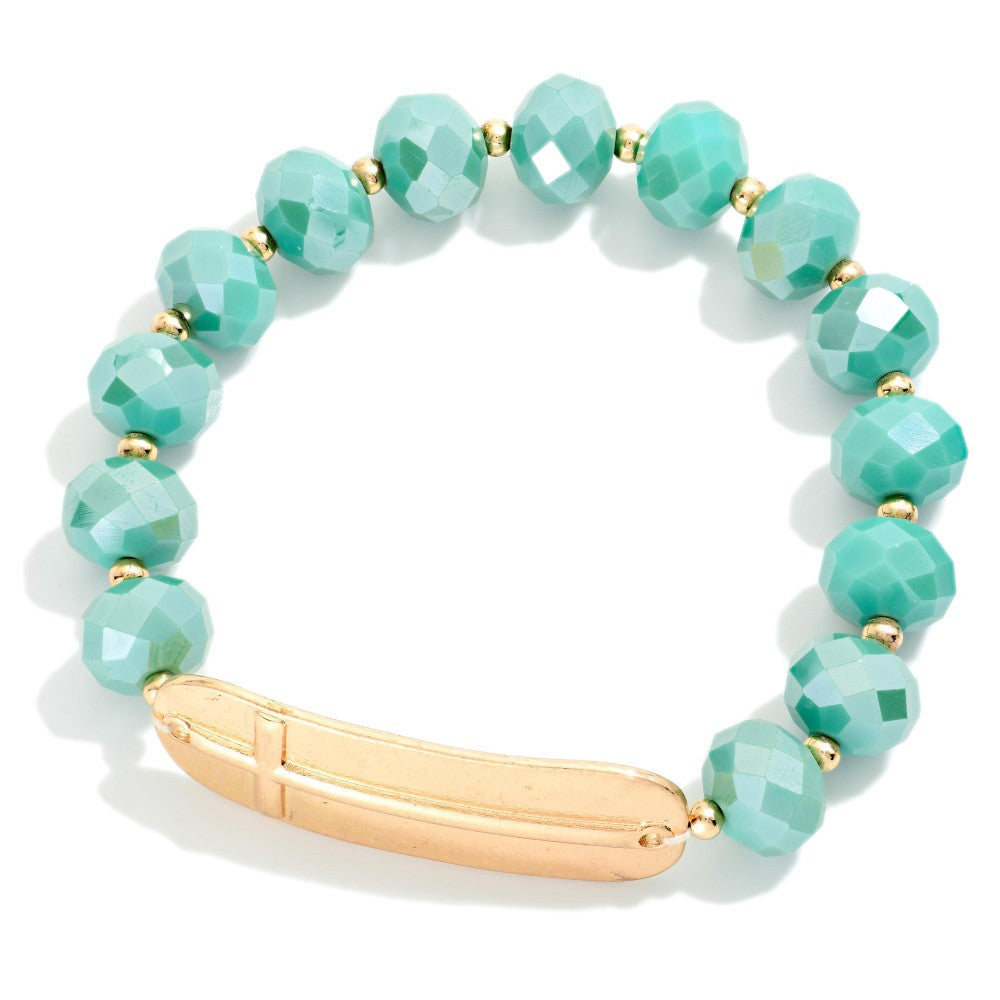 Bead Beaded Stretch Bracelet With Cross - Teal