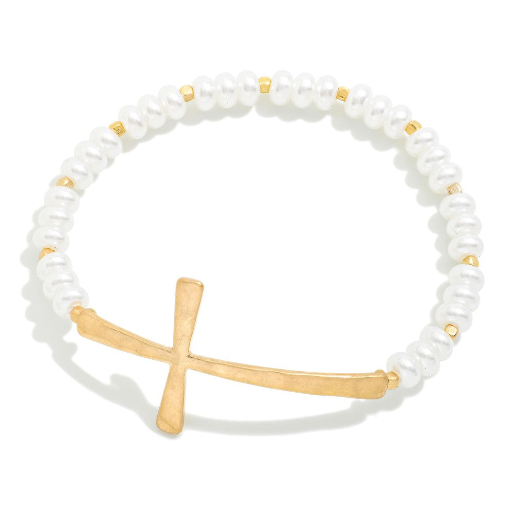 Pearl Beaded Stretch Bracelet Featuring Hammered Cross - Gold