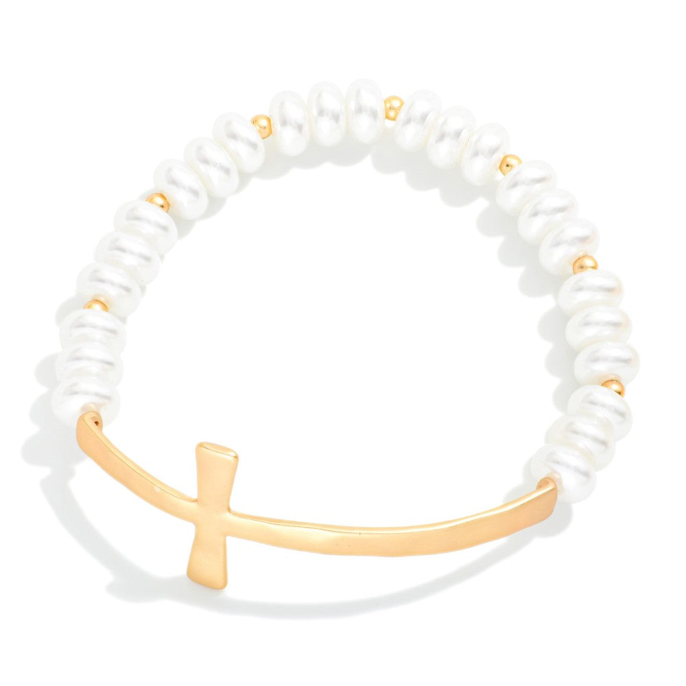 Flat Pearl Beaded Stretch Bracelet with Cross