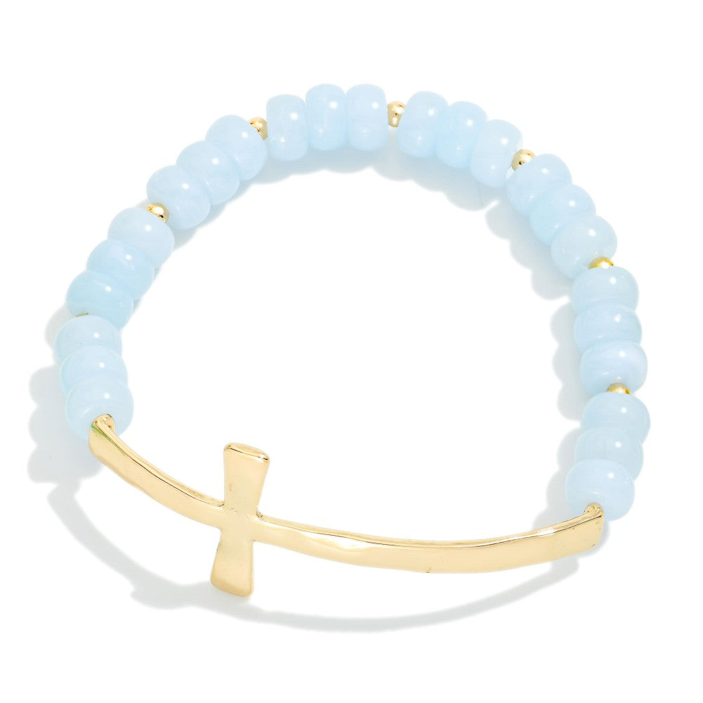 Marbled Acetate Bead Beaded Stretch Bracelet with Cross - Blue
