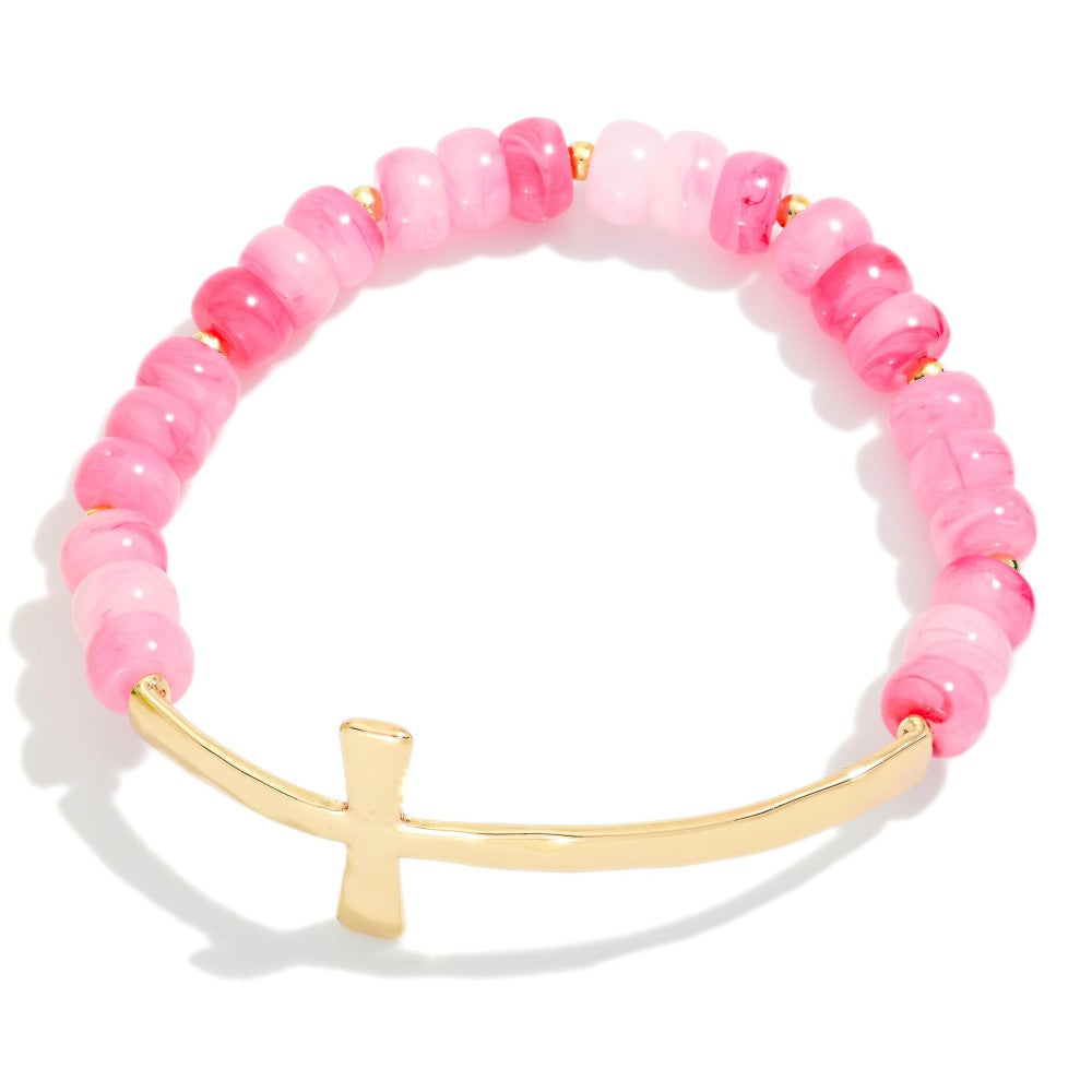 Marbled Acetate Bead Beaded Stretch Bracelet with Cross - Pink