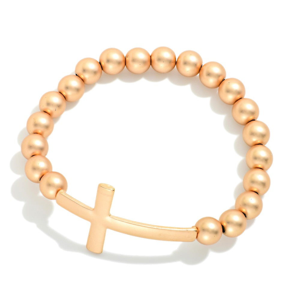 Matte Metal Beaded Stretch Bracelet with Cross - Gold