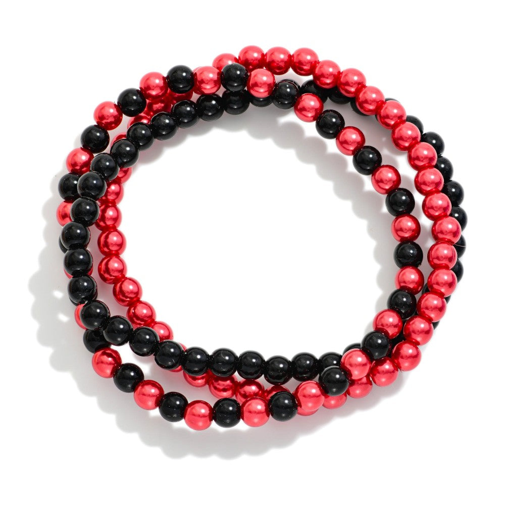Metallic Game Day Small Beaded Stretch Bracelets - Red/Black