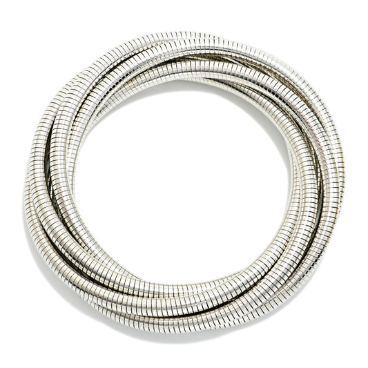 Layered Metal Tone Coiled Stretch Bracelet - Silver