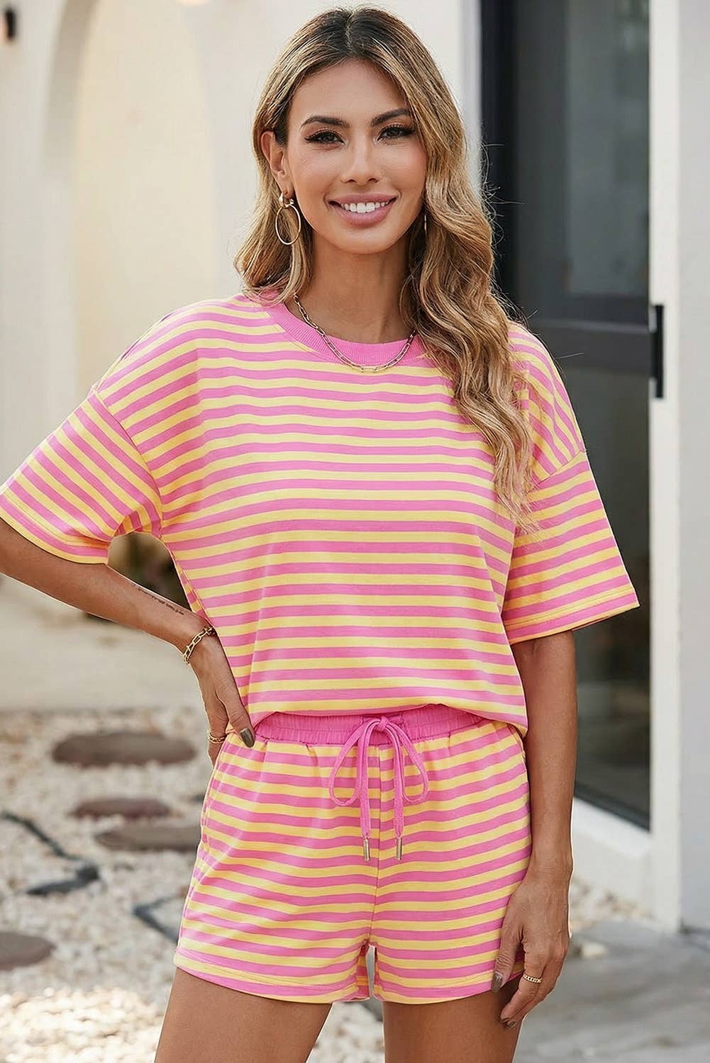 Stripe Drop Shoulder Boxy Casual Terry Short Set