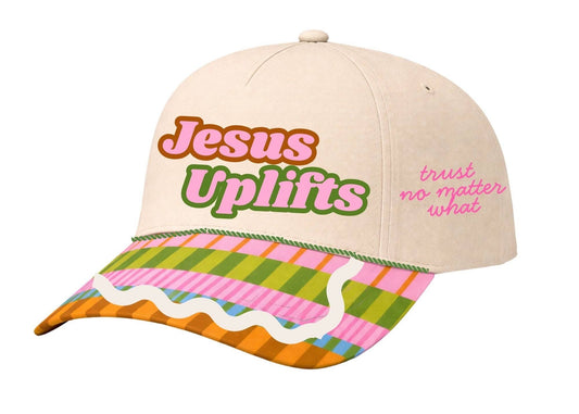 "Jesus Uplifts" on Tan Cap With Patch Work