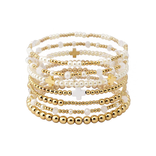 Set of 7 Pearl and Gold with White Cross Stretch Bracelet