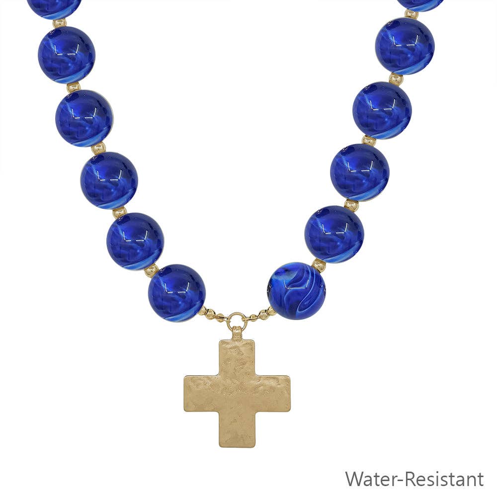 Hammered Gold Cross 18" Magnetic Closure Necklace Navy