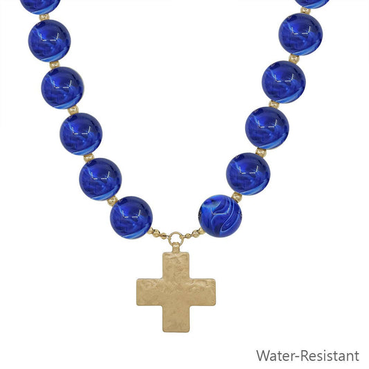 Hammered Gold Cross 18" Magnetic Closure Necklace Navy