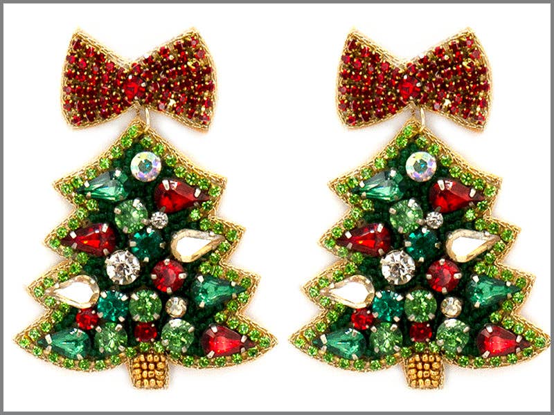 Red Rhinestone Bow with Green Beaded Christmas Tree 2.5" Earring