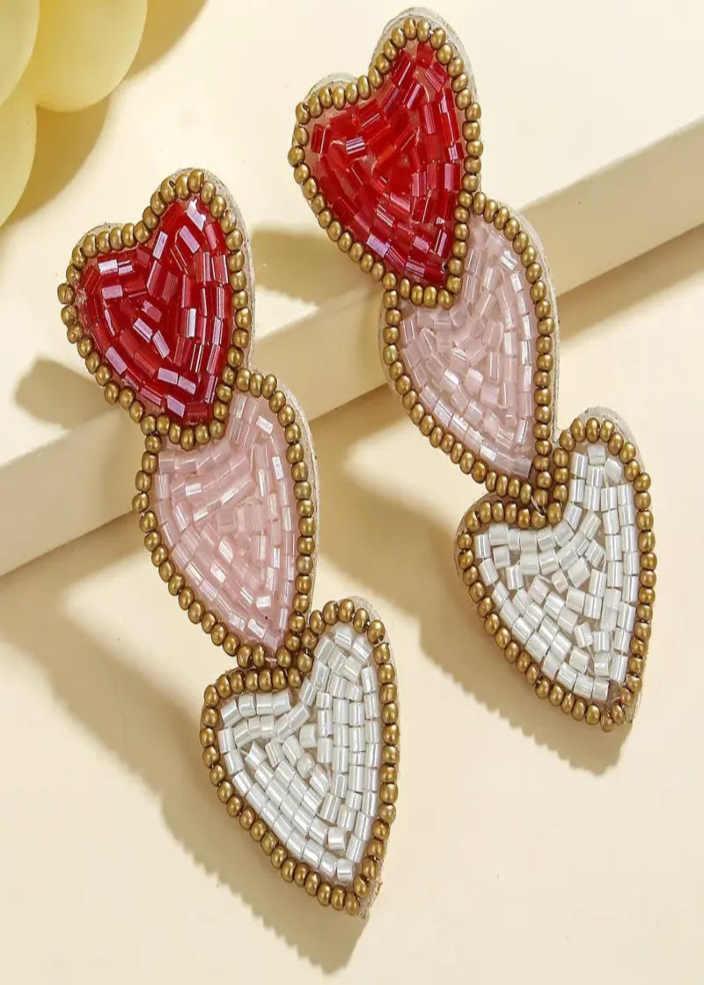 Intricate Heart-Shaped Beaded Dangle Earrings