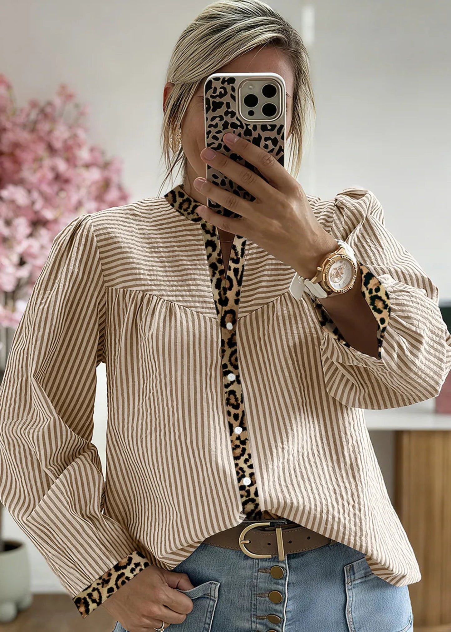 AMY TOP - BROWN STRIPE LEOPARD PATCHWORK