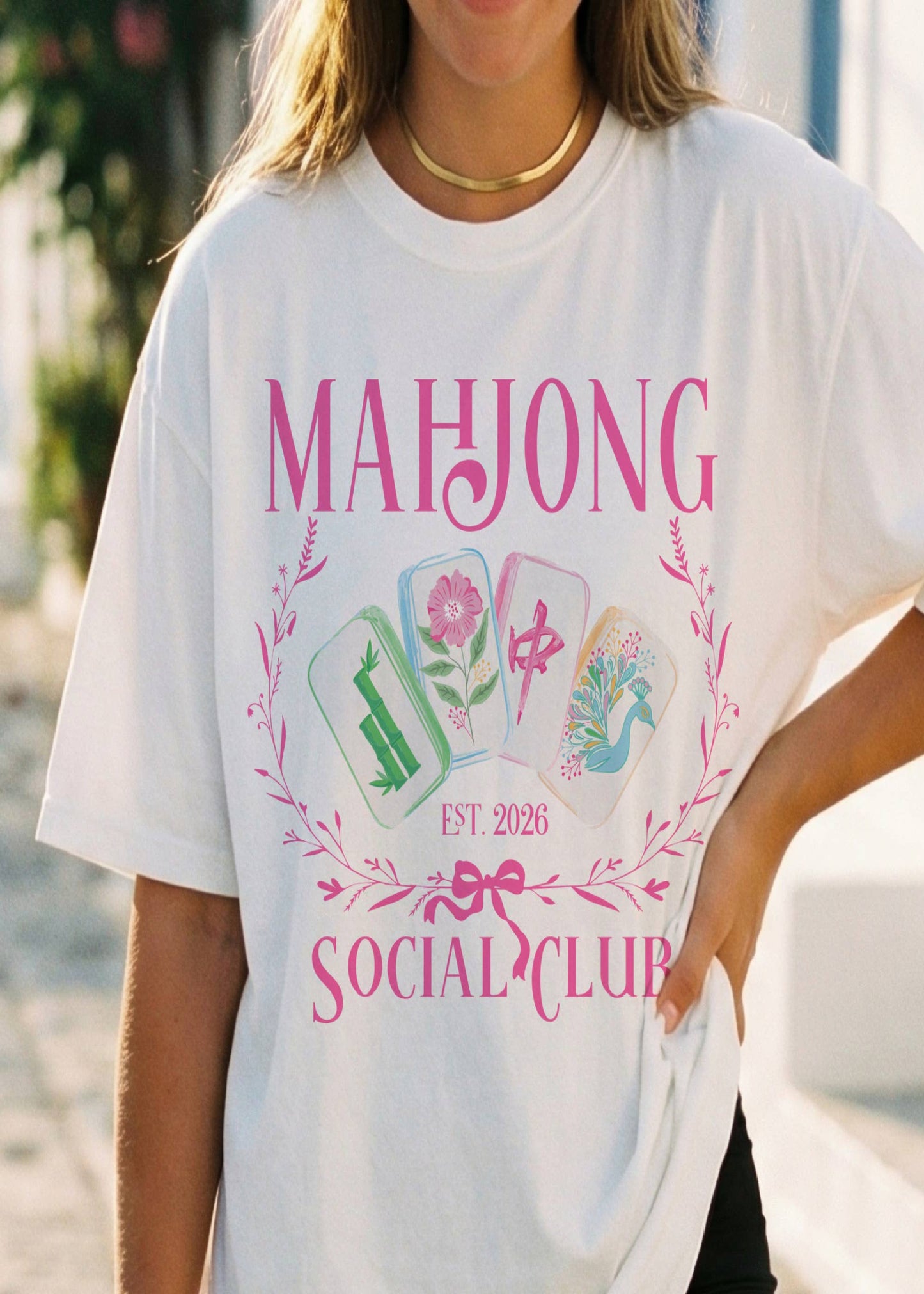 Mahjong Preppy Social Club Pink Green Retro Game Graphic Tee