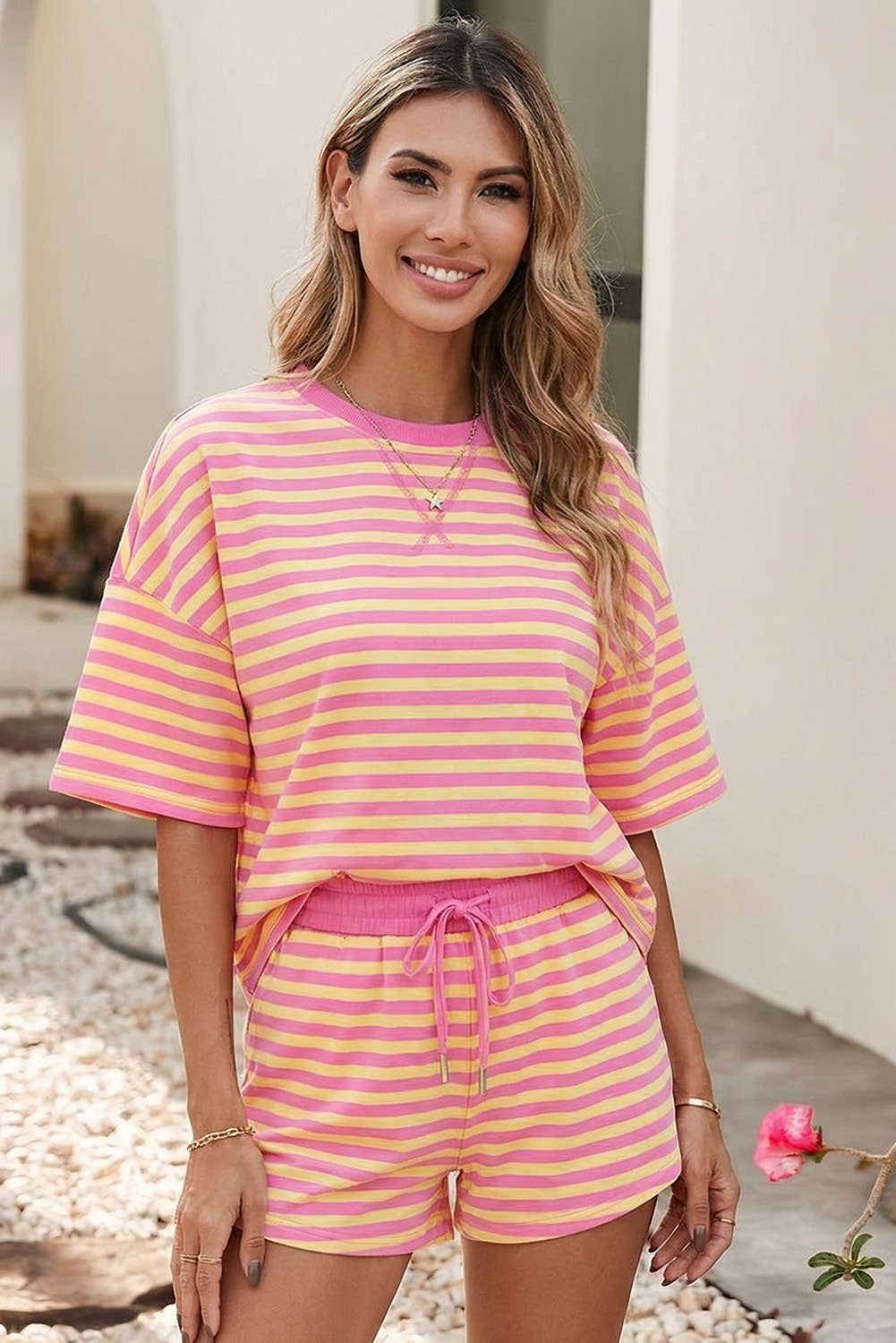 Stripe Drop Shoulder Boxy Casual Terry Short Set