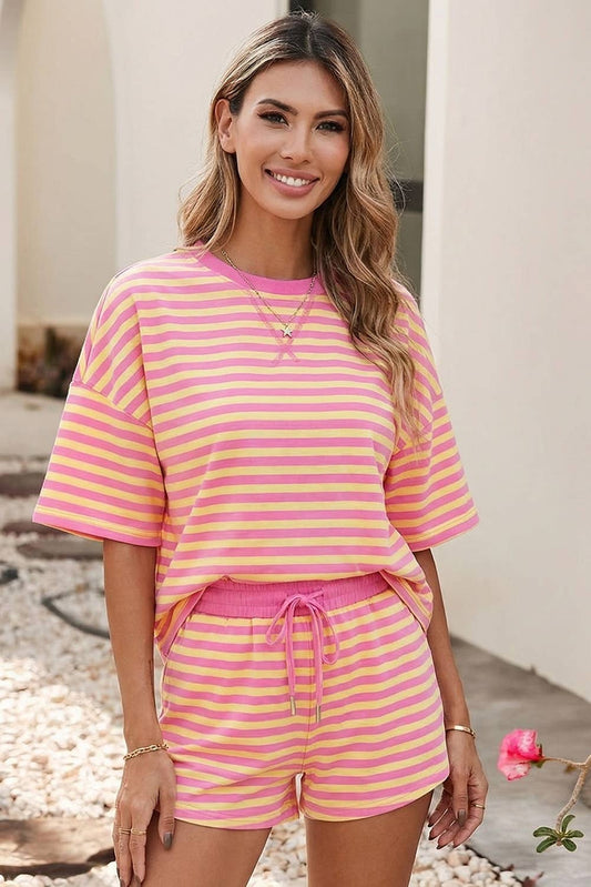 Stripe Drop Shoulder Boxy Casual Terry Short Set
