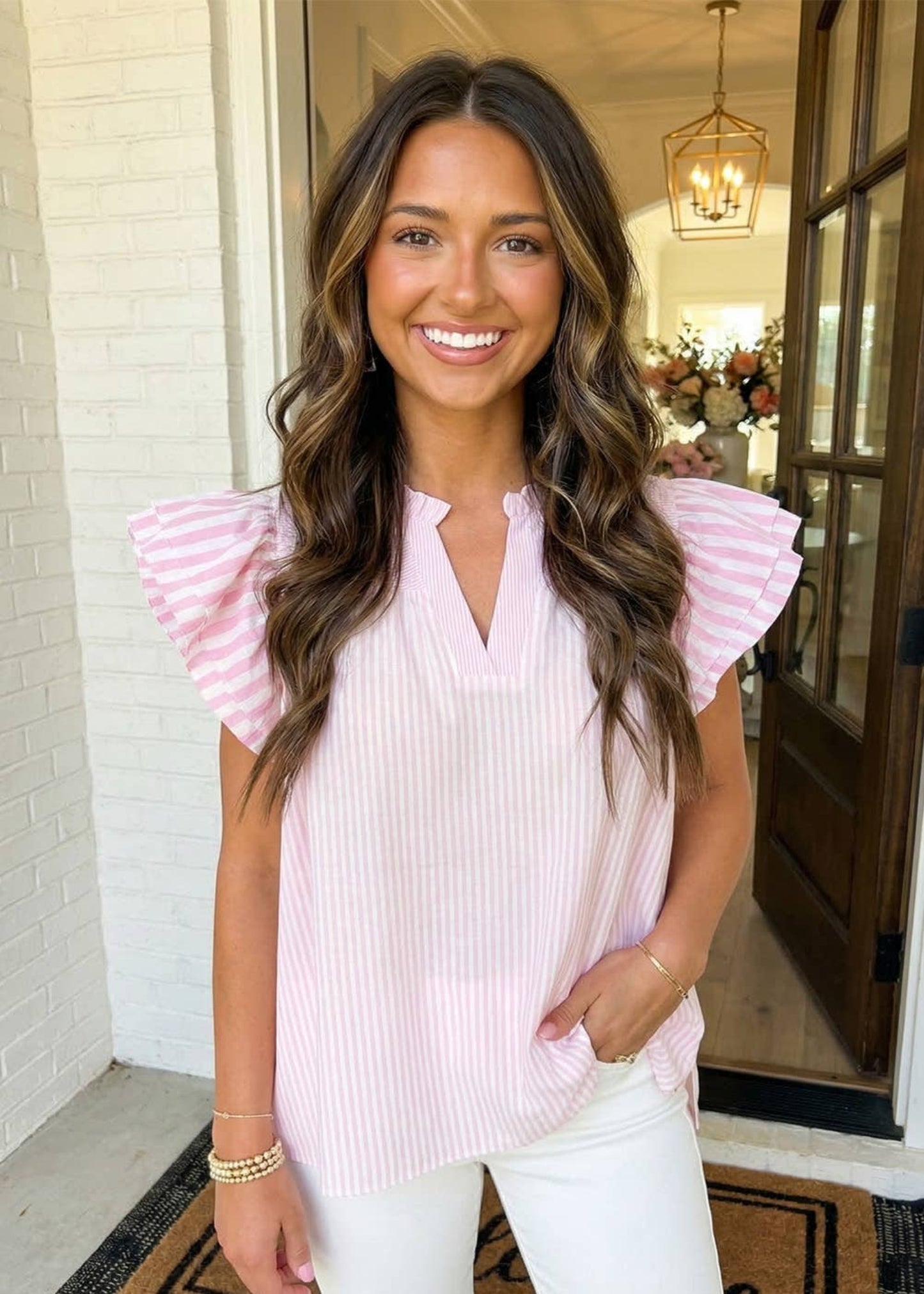 LAS Stripe Contrast V Neck Flutter Sleeve Blouse