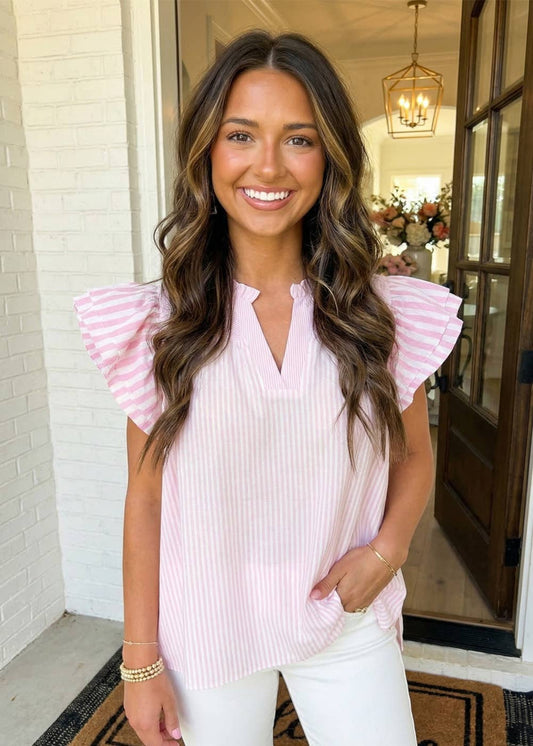 LAS Stripe Contrast V Neck Flutter Sleeve Blouse