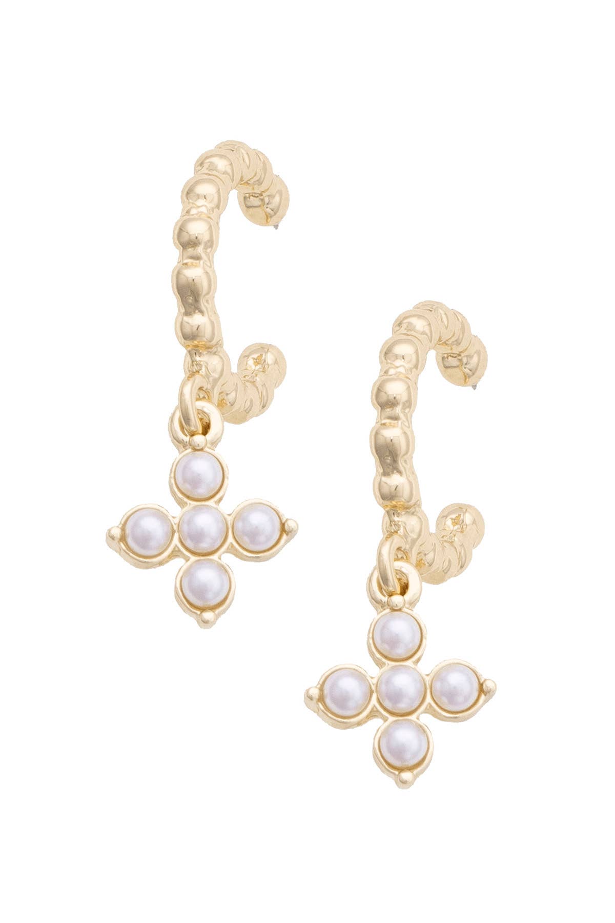 Haley Pearl Cross Twisted Huggie Hoop Earrings in Shiny Gold