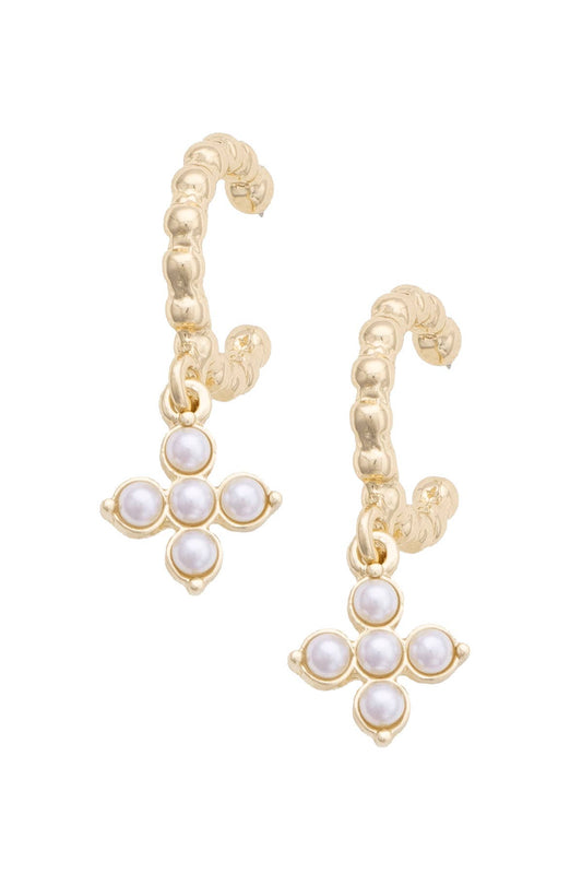 Haley Pearl Cross Twisted Huggie Hoop Earrings in Shiny Gold