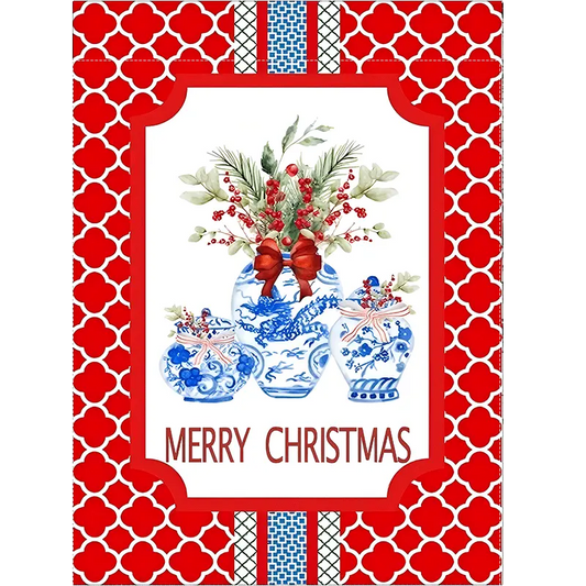 VINTAGE CHINOISERIE MERRY CHRISTMAS FLAG