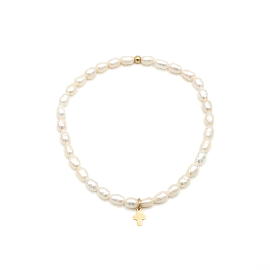 Rice Pearl Waterproof Bracelet Gold Filled Luxe Cross: 6.5 inch