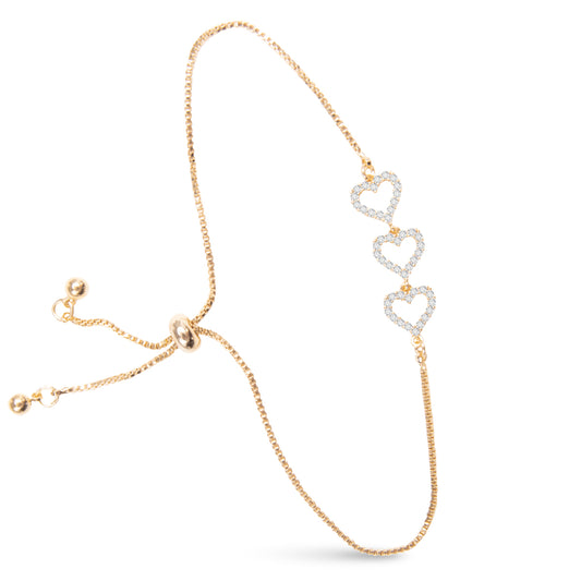 Triple Heart CZ Pull Cord Bracelet - Gold