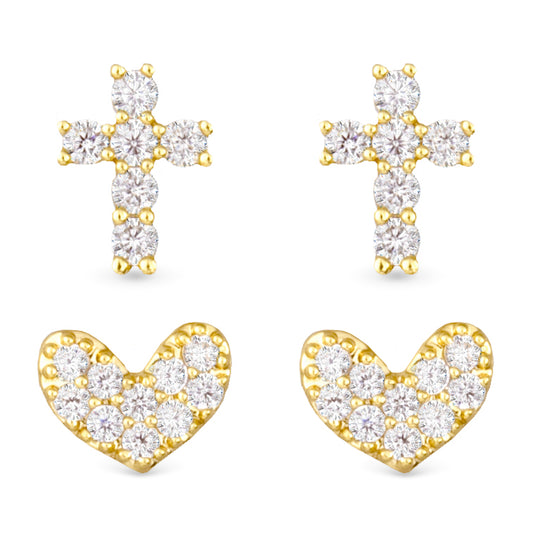 Pave Cross and Heart Duo Earring Set - Gold