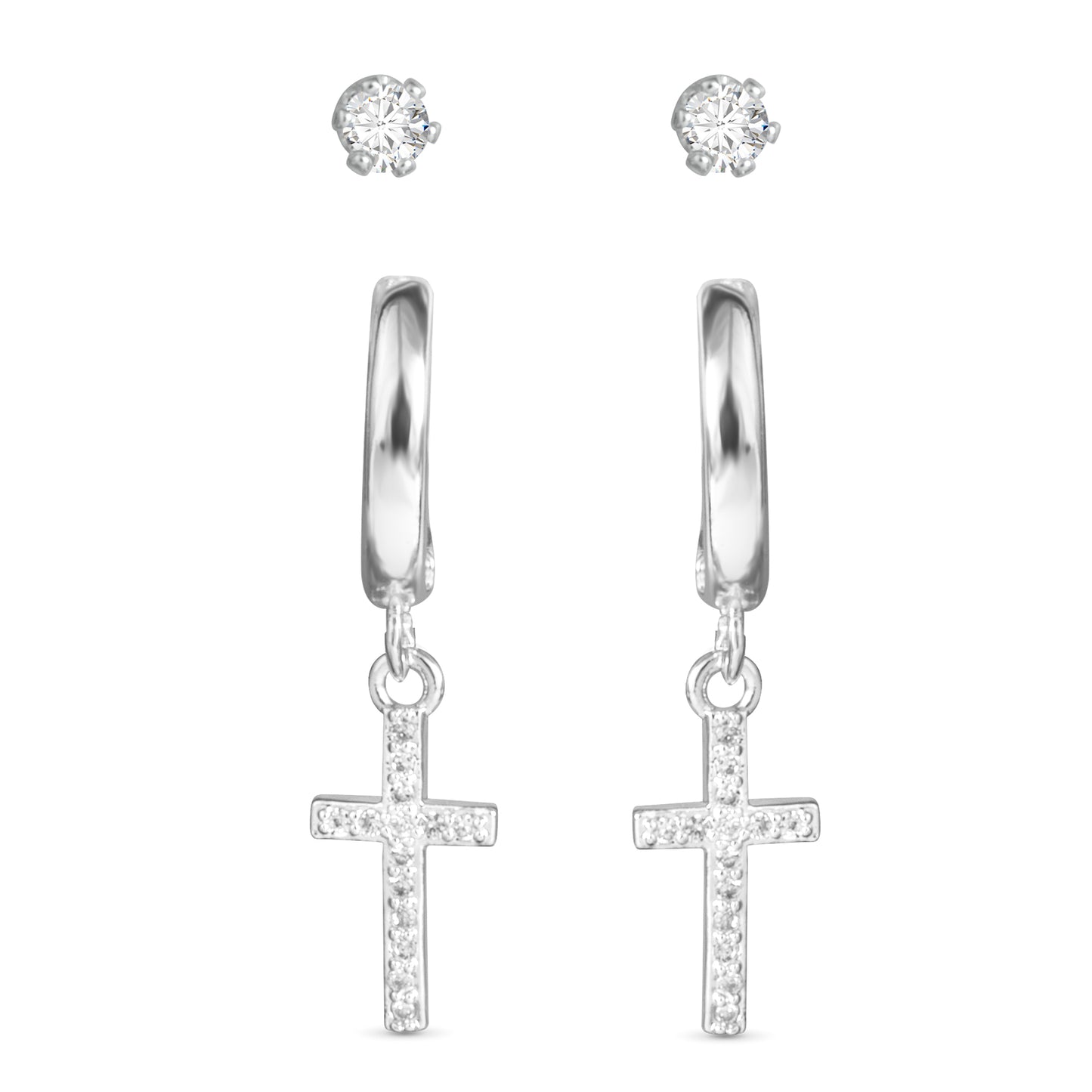 Cross CZ Huggie and CZ Stud Duo Earrings - Silver