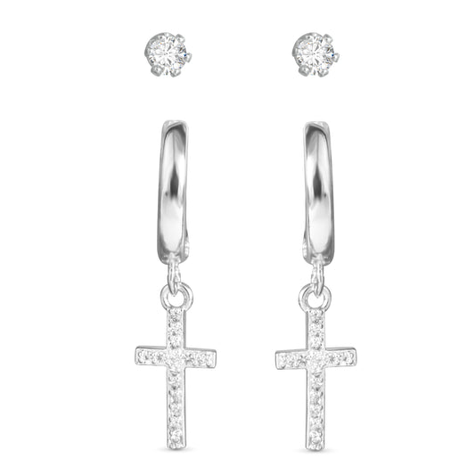 Cross Huggie and Stud Duo Earrings - Silver