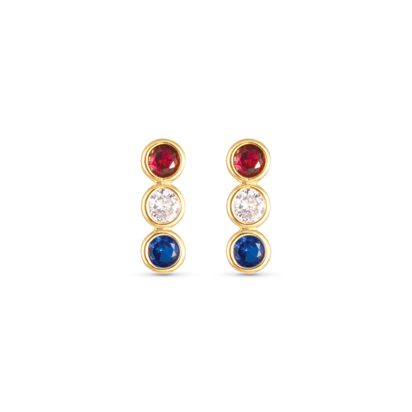 Gold Red White Blue Bezel Set CZ Triplet Earrings