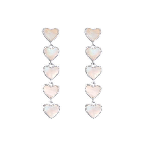 Mother of Pearl Five Heart Drop Earrings - Silver