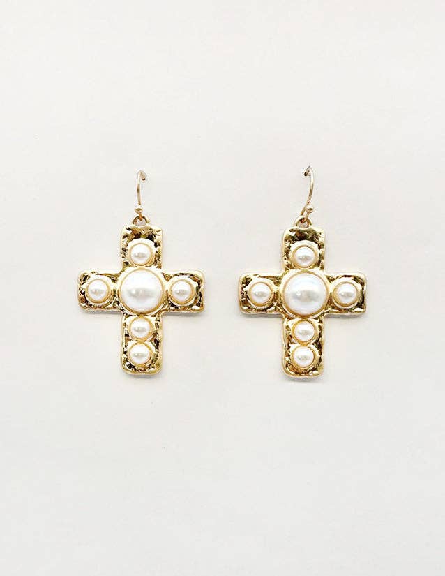 Gold 1.5" Cross with Pearl Beaded Accents Earring