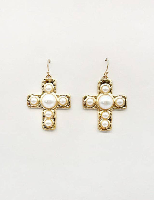 Gold 1.5" Cross with Pearl Beaded Accents Earring