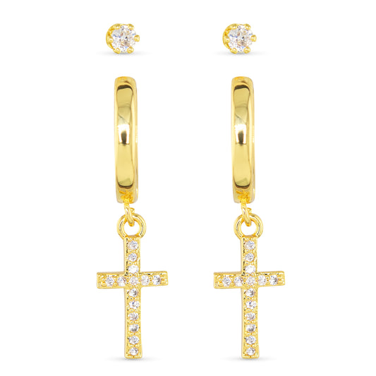 Gold Cross & Stud Duo Earrings