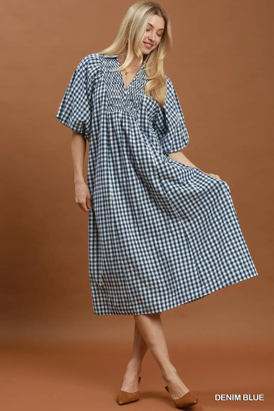 CHECKERED DRESS - DENIM BLUE