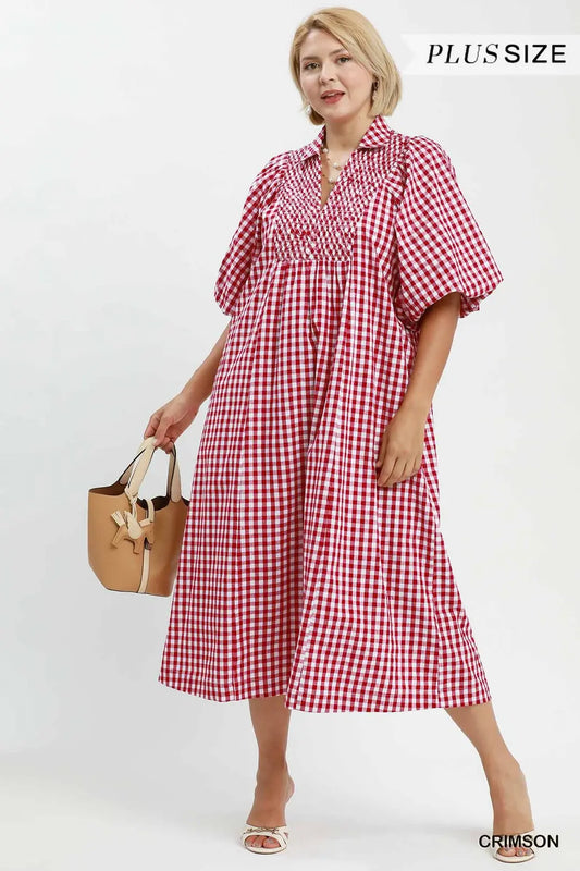 PLUS CHECKERED DRESS - CRIMSON