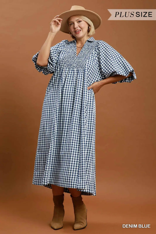 PLUS CHECKERED DRESS - DENIM BLUE