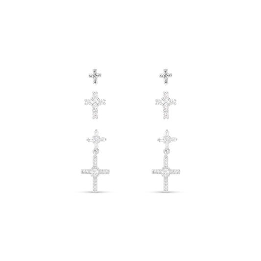 Silver CZ Trio Cross with Drop Earrings