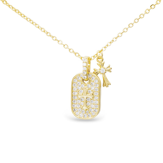 Gold CZ Double Pave Pendant Classic Cross and Mini