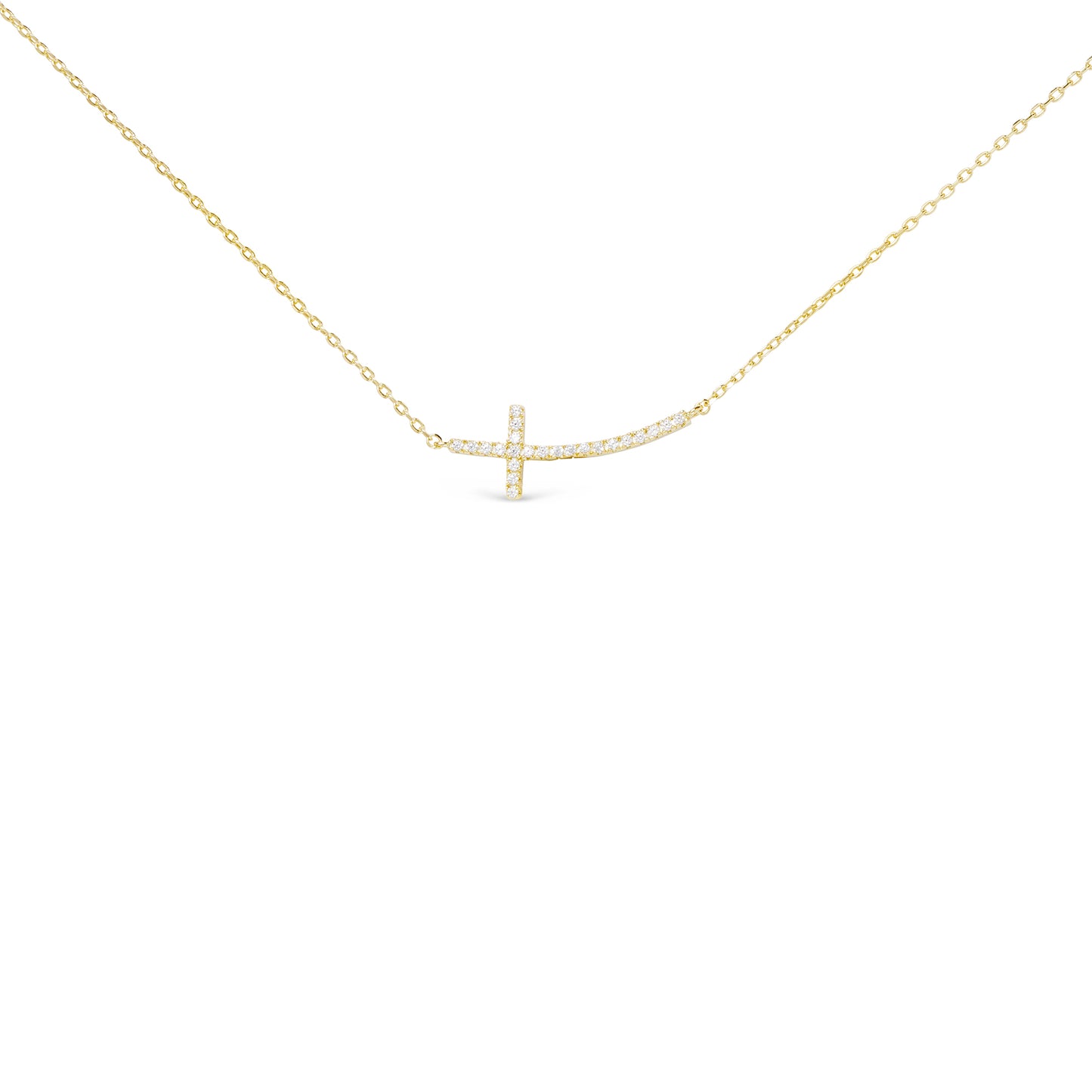 Gold CZ Curved Laying Cross Necklace