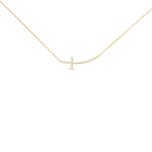 Gold CZ Curved Laying Cross Necklace