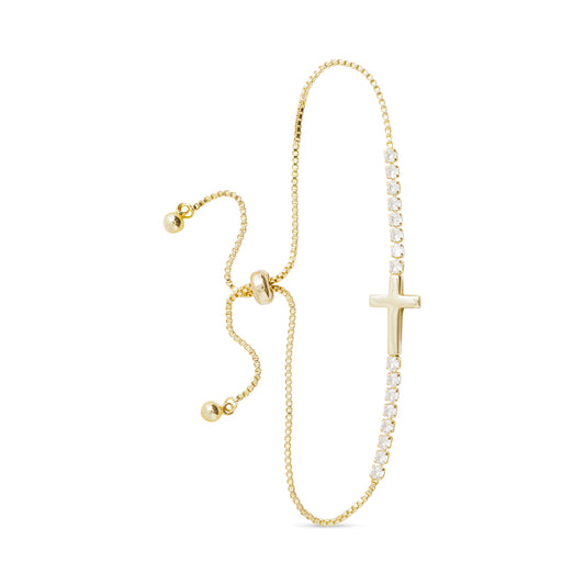 Gold CZ and Smooth Cross Pull Cord Bracelet