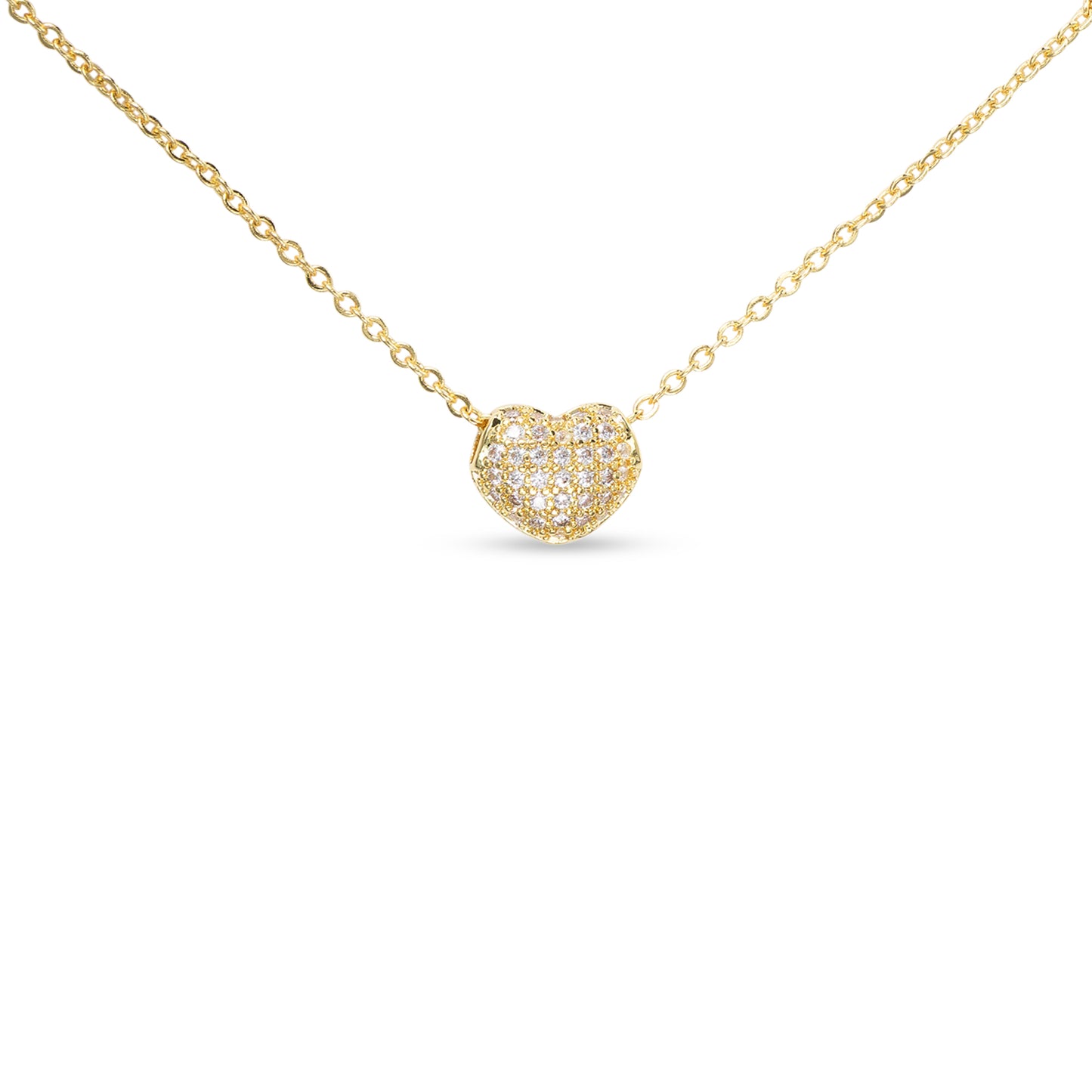 Gold CZ Pave Puffy Heart Necklace